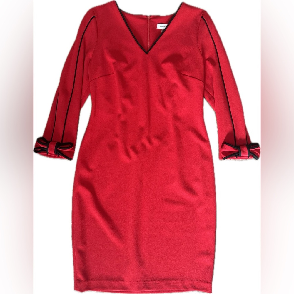 Calvin Klein Solid V Neck Sheath with Contrast Piping Dress - Picture 5 of 8